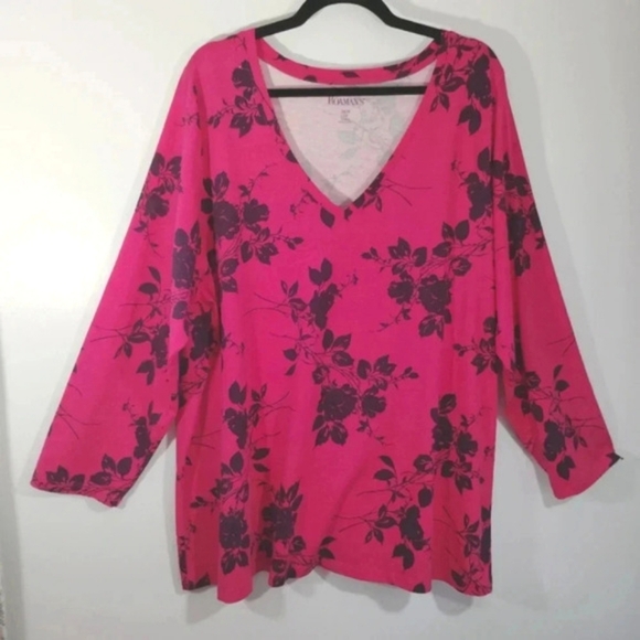 Roamans Pullover Top Pink Berry Floral Black Rose Print Comfy Plus Size 2X - Picture 1 of 11